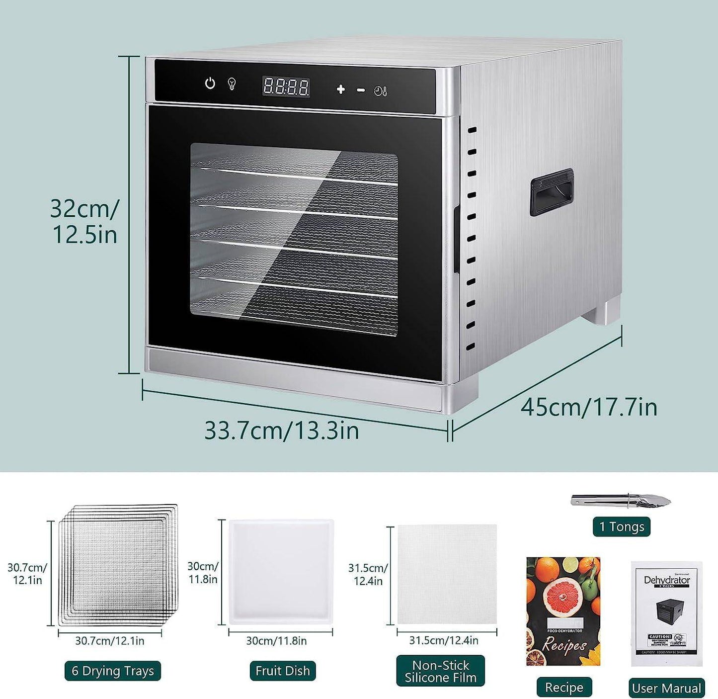 COOLBABY YLY069 Food Dehydrator 6 Trays for Food Jerky, Fruit, Meat, Dog Treats, Herbs, Durable Food-grade Stainless Steel Dehydrator Machine, 220V/700W, Safety Over Heat Protection, 67 Free Recipes - COOL BABY