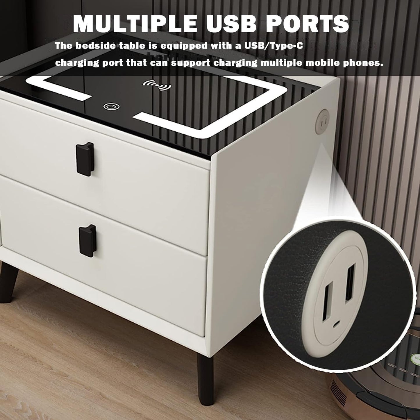 COOLBABY Smart Nightstand with Wireless Charging, USB and Type-C Ports, Adjustable LED Lights, 2 Storage Drawers, Modern Bedside Table (White) - COOLBABY