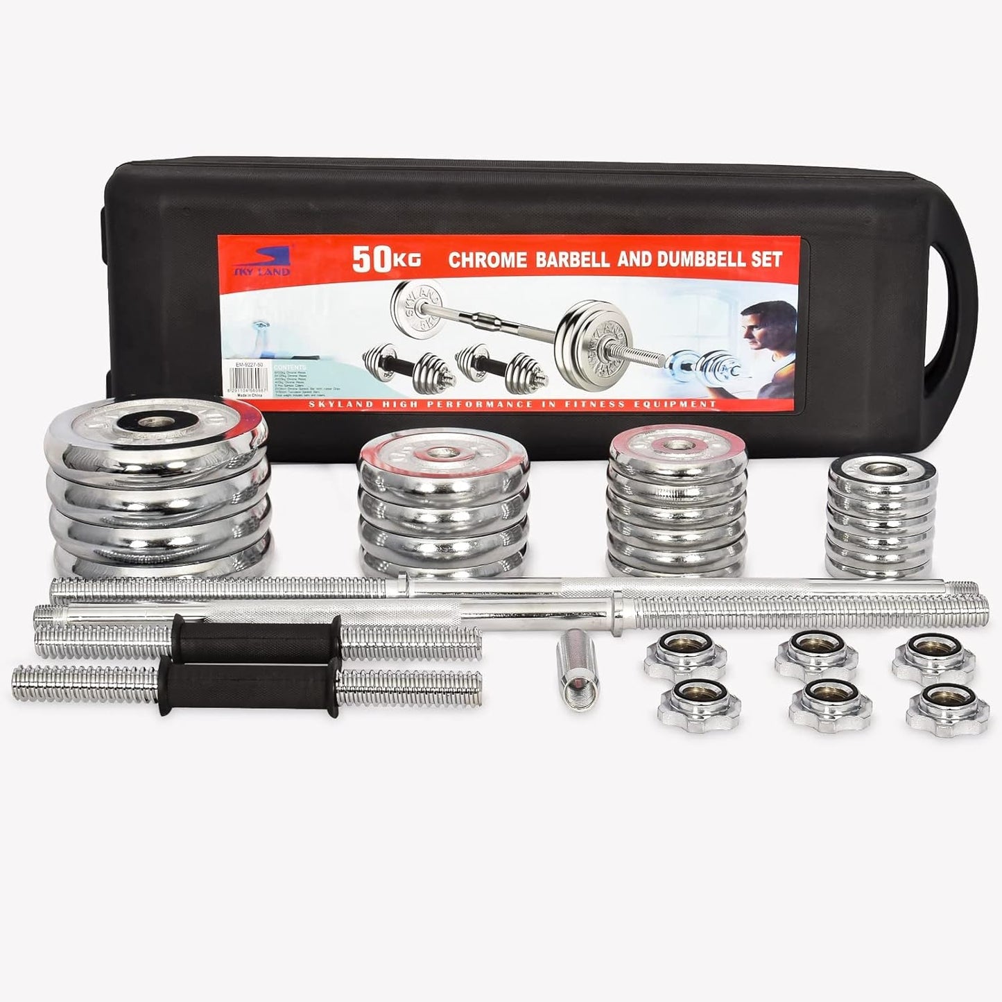 Fitness Adjustable Chrome Dumbbells & Barbell Set – 50 KG with Wheeled Storage Case | EM‑9227‑50 | Silver