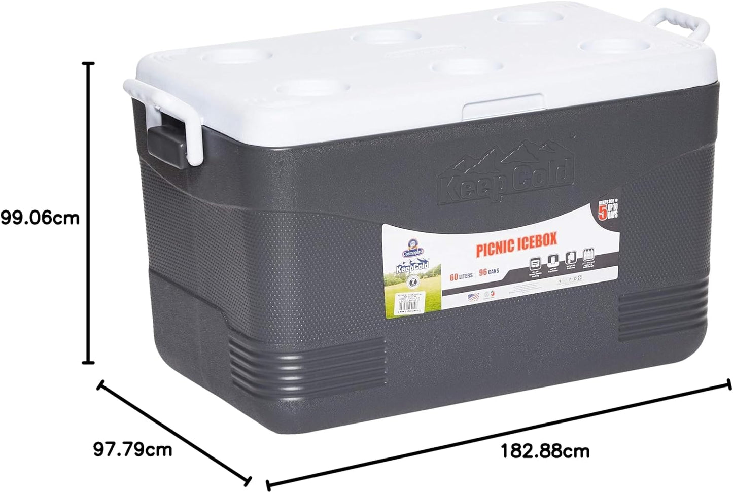 60L Plastic Picnic Cooler Icebox – Heavy Duty Insulated Cooler with 6-Day Ice Retention & Drain Tap