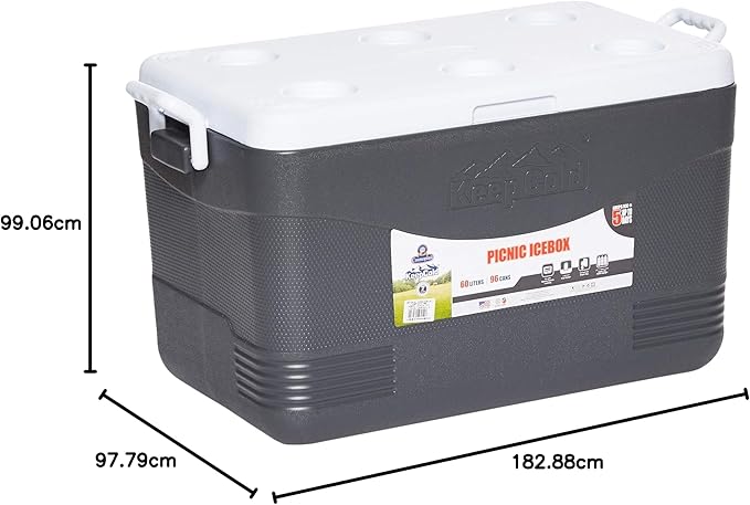 60L Plastic Picnic Cooler Icebox Cool Grey – Insulated Cooler Box with 6-Day Ice Retention & Leakproof Drain Tap