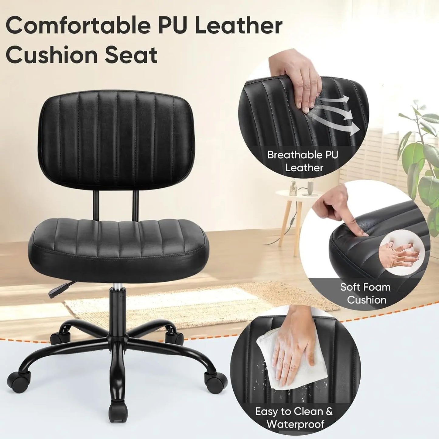 Armless Home Office Desk Chair with Wheels, Ergonomic PU Leather Task Chair, Height Adjustable, 360° Swivel, Lumbar Support - Black - COOLBABY