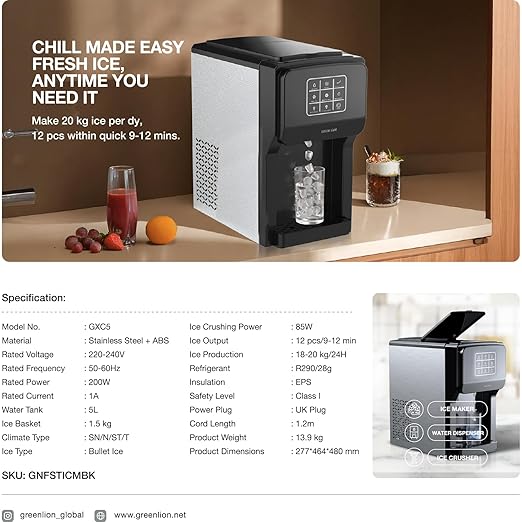 3-in-1 Ice Maker with Water Dispenser & Ice Crusher – 5L Tank, Touch Control, 18-20kg/24H, Class I Safety – Black - COOLBABY