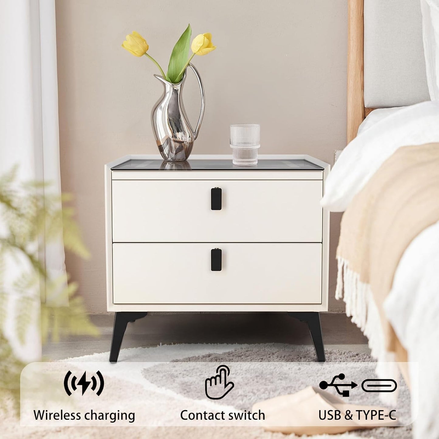 COOLBABY Smart Nightstand with Wireless Charging, USB and Type-C Ports, Adjustable LED Lights, 2 Storage Drawers, Modern Bedside Table (White) - COOLBABY