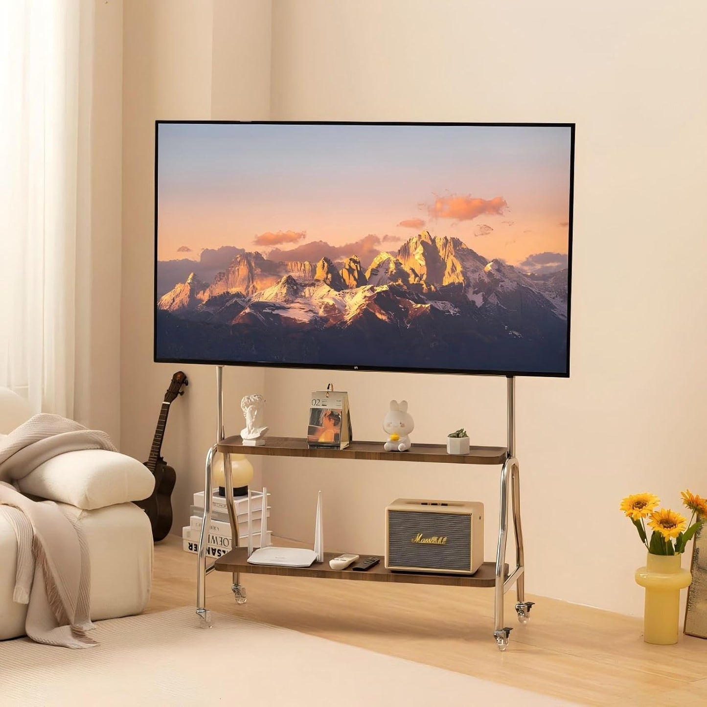 COOLBABY Mobile TV Stand for 43-75 Inch TVs, Rolling TV Cart with Double Shelf and Silent Wheels, Universal TV Floor Stand with Stainless Steel Bracket for Living Room, Bedroom, Office, Hotel - COOLBABY