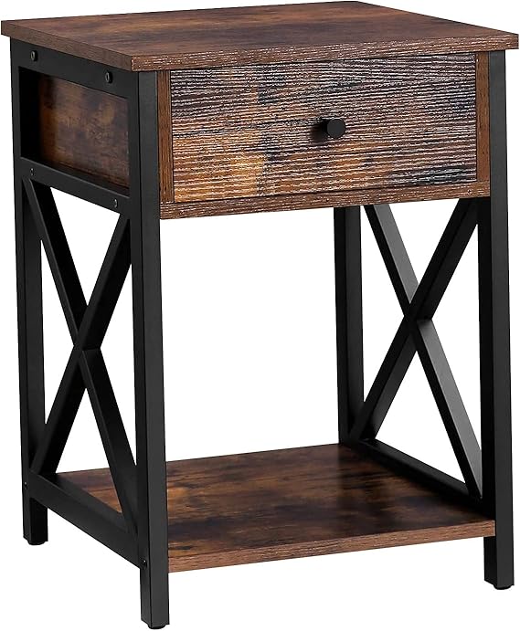 Ables Nightstand with Drawer and Storage Shelves – X-Design Bedside Table for Bedroom, Living Room, or Lounge - COOLBABY