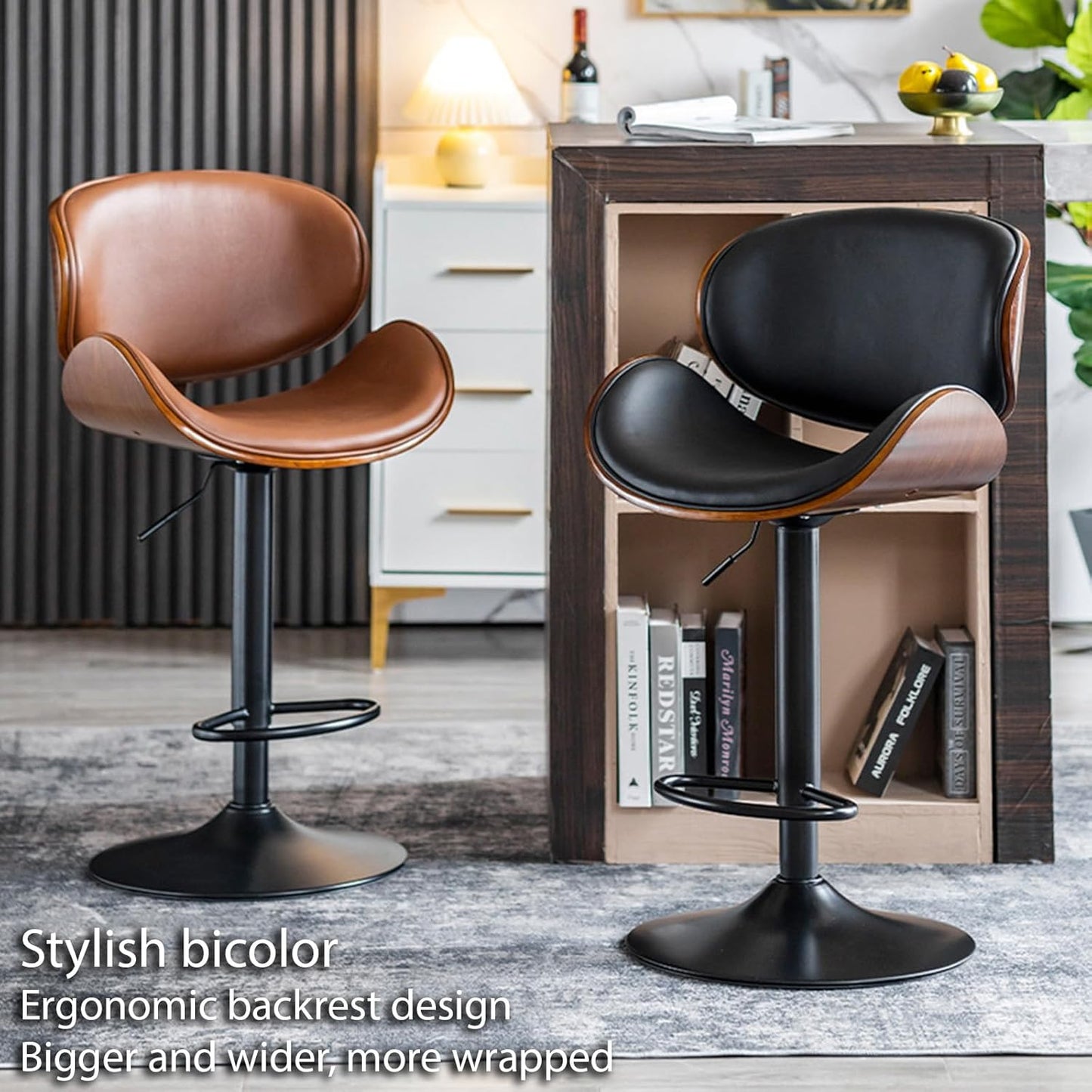 COOLBABY Bar chairs Lift leather bar chairs Light luxury home front desk high chairs Adjustable swivel seats High stools Low back kitchen island, dining room 1PC (Black) - COOLBABY
