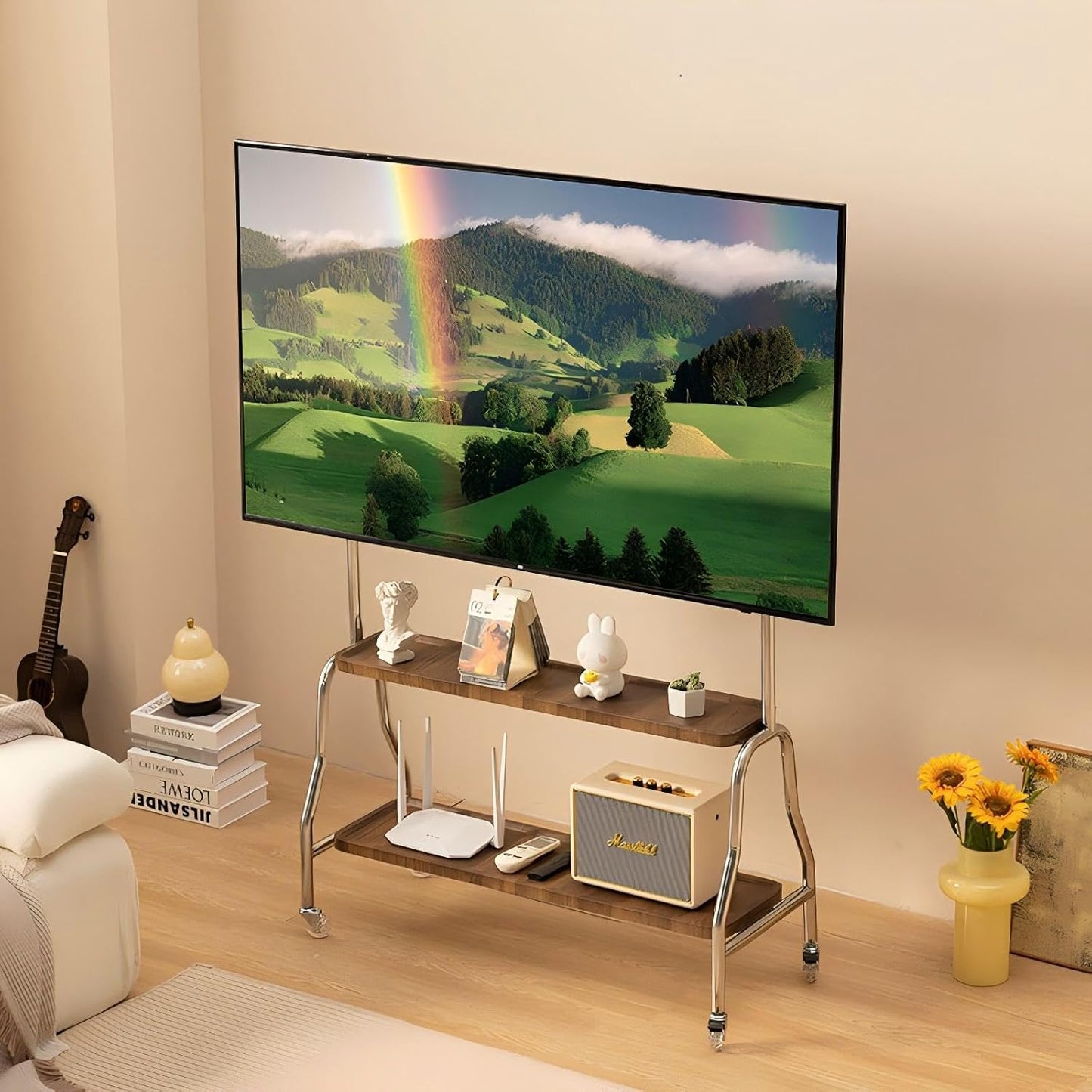 COOLBABY Mobile TV Stand for 43-75 Inch TVs, Rolling TV Cart with Double Shelf and Silent Wheels, Universal TV Floor Stand with Stainless Steel Bracket for Living Room, Bedroom, Office, Hotel - COOLBABY