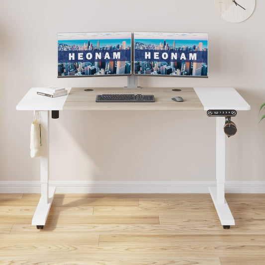 Electric Height Adjustable Standing Desk – 55 x 24 Inch Ergonomic Sit-Stand Desk with Splice Board, Double-Beam Steel Frame, Home Office Workstation, White Frame with White & Oak Top - COOLBABY
