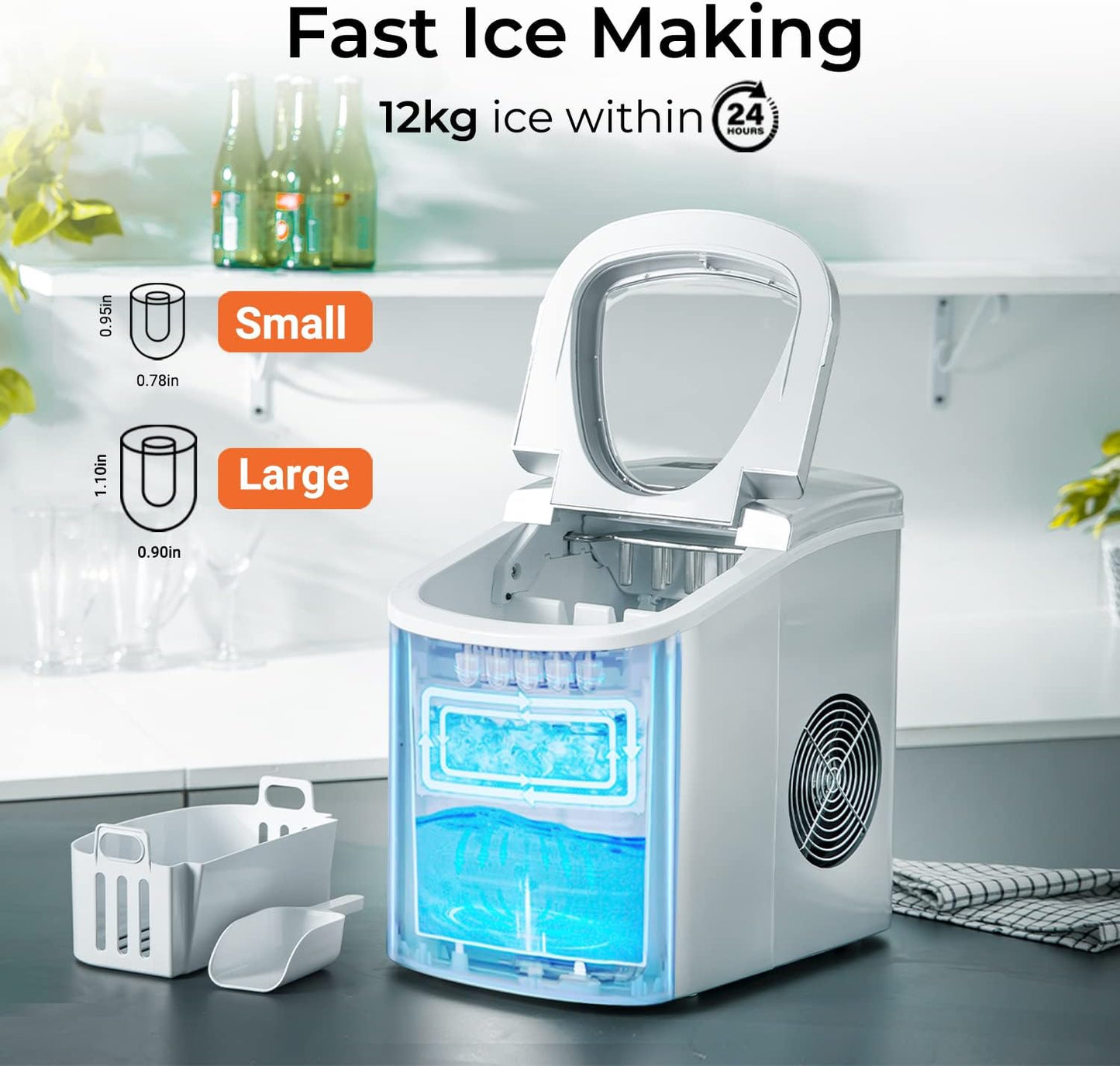 Portable Ice Cube Maker – 2.2L Tank, 12kg/24H Output, Two Ice Sizes, Eco-Friendly Refrigerant, Silent Operation - COOLBABY