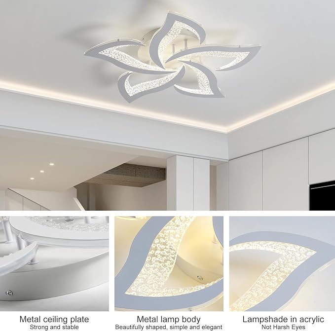 Modern LED Ceiling Light, White Dimmable Flower Shape Fixture with Remote Control - COOLBABY