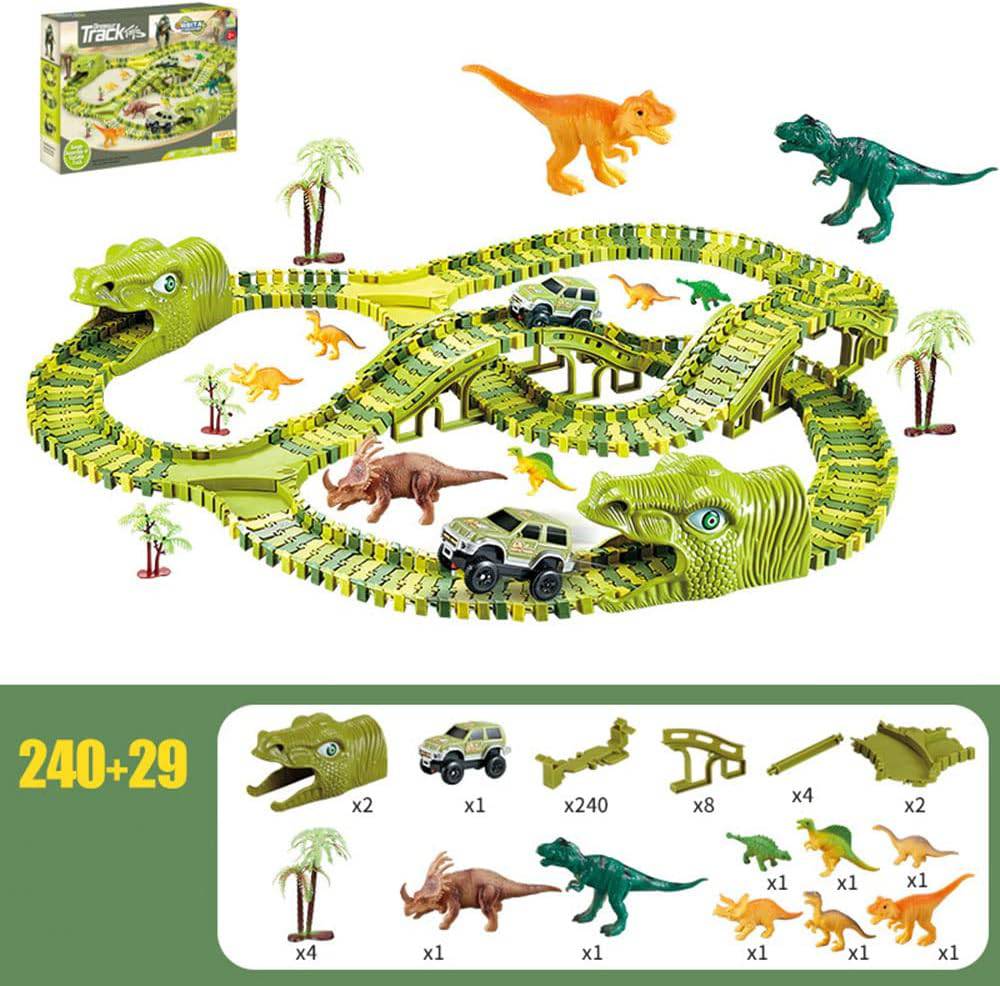 COOLBABY Dinosaur Car Race Track Toy - Exciting 240+29 Pcs Set for Kids 3-7 Years Old - COOL BABY