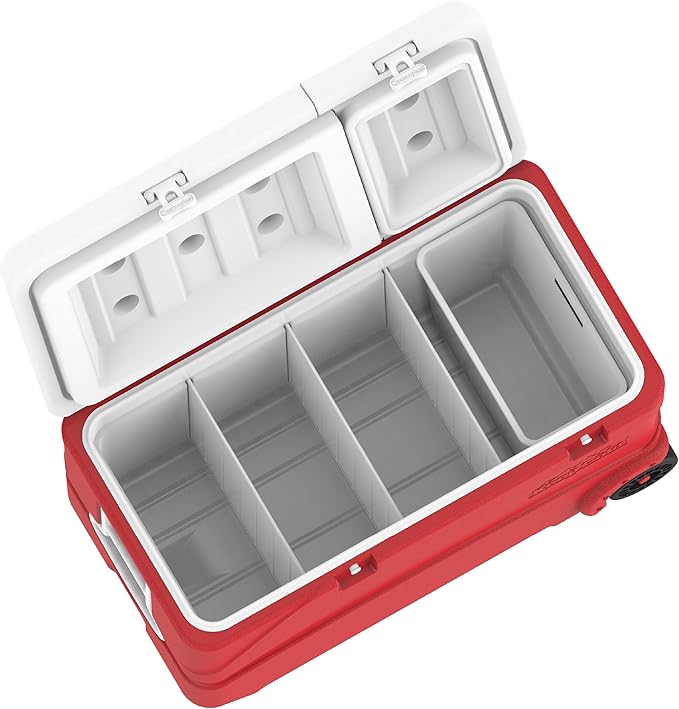 102L Plastic Cooler Icebox Deluxe with Wheels Red – Heavy Duty Insulated Cooler with 6-Day Ice Retention