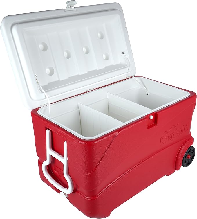 84L Deluxe Plastic Cooler Icebox with Wheels Red – Heavy Duty Insulated Cooler with 6-Day Ice Retention