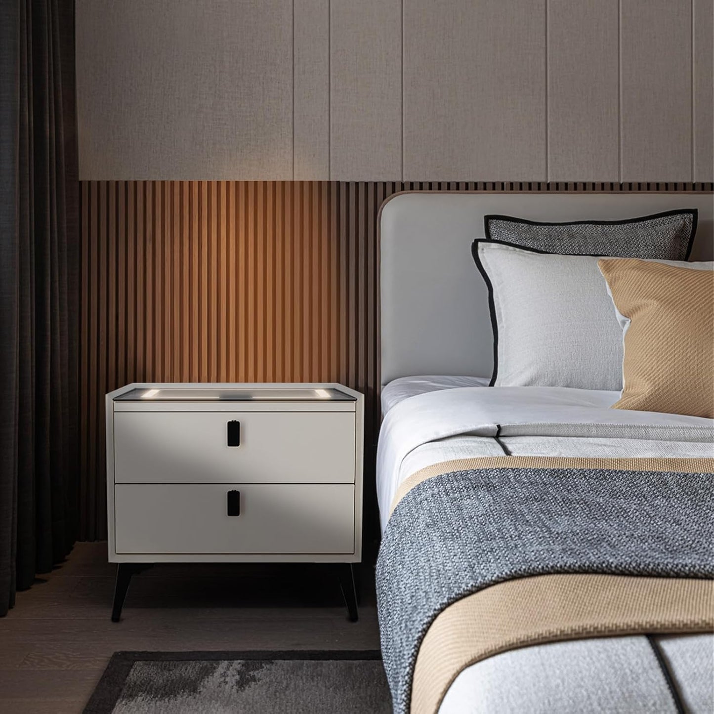 COOLBABY Smart Nightstand with Wireless Charging, USB and Type-C Ports, Adjustable LED Lights, 2 Storage Drawers, Modern Bedside Table (White) - COOLBABY