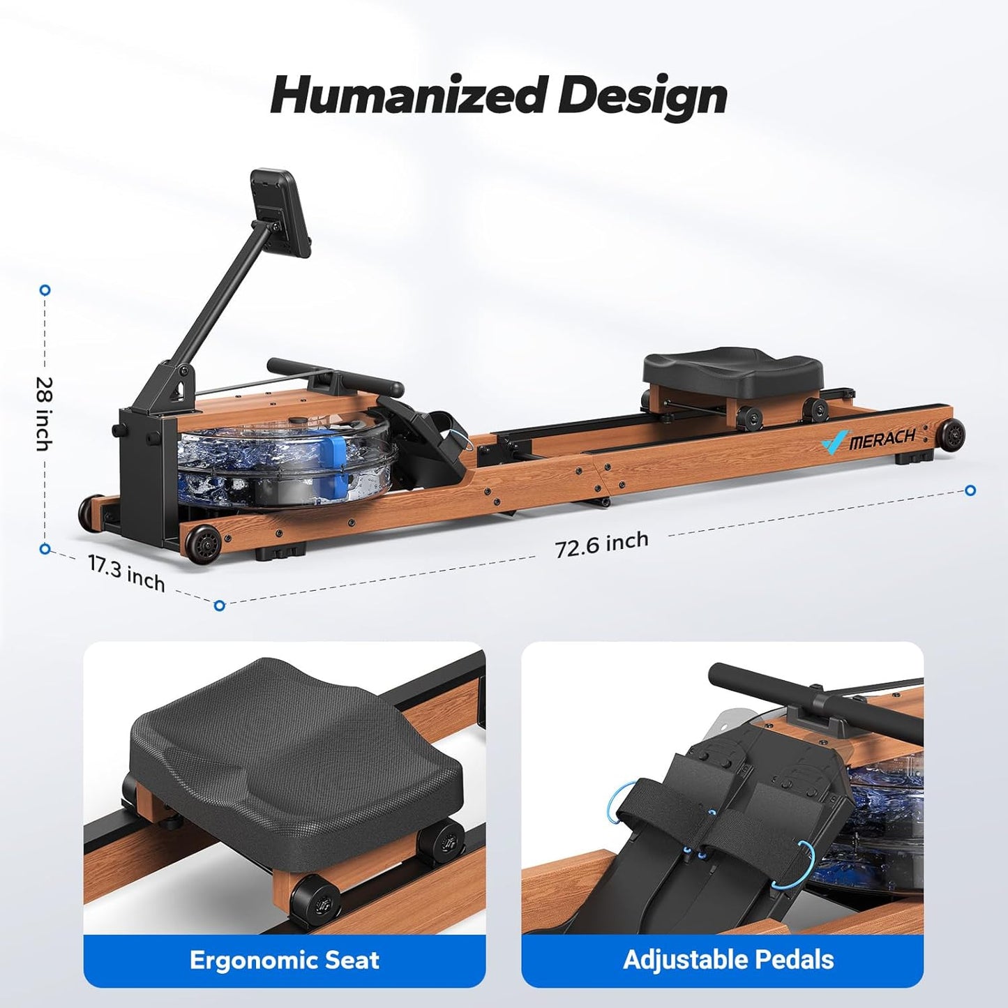 Foldable Water Rowing Machine | Wooden Home Gym Rower with App & LCD Monitor