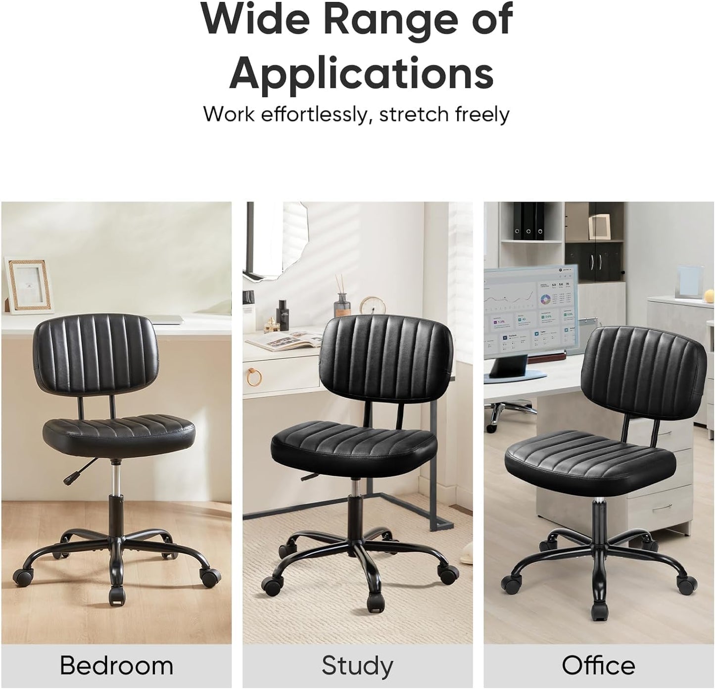 Armless Home Office Desk Chair with Wheels, Ergonomic PU Leather Task Chair, Height Adjustable, 360° Swivel, Lumbar Support - Black - COOLBABY