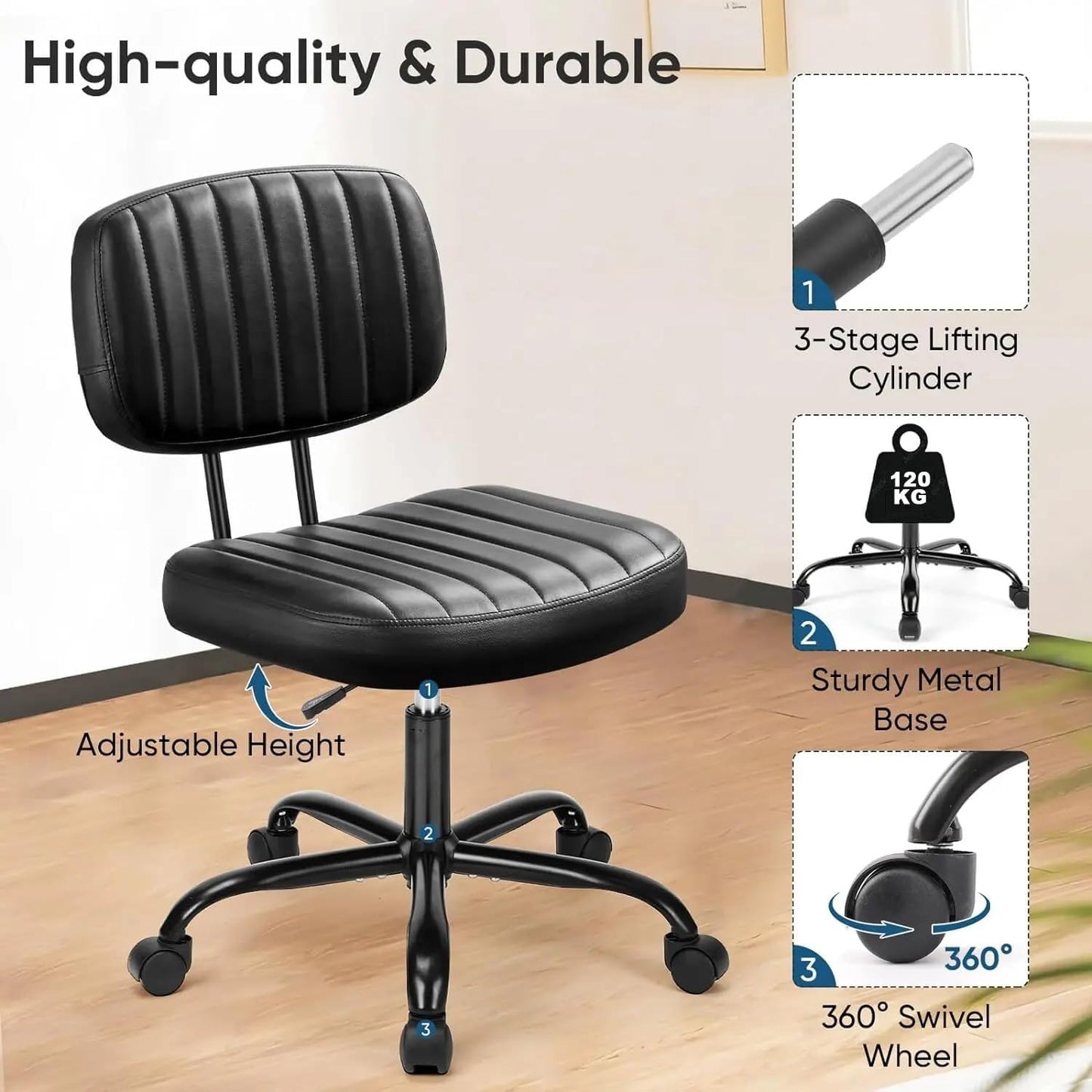 Armless Home Office Desk Chair with Wheels, Ergonomic PU Leather Task Chair, Height Adjustable, 360° Swivel, Lumbar Support - Black - COOLBABY