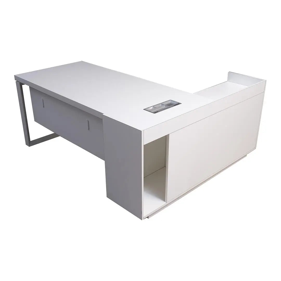 720-T03 Office Table with Side Storage Cabinet | Matt White Executive Workstation
