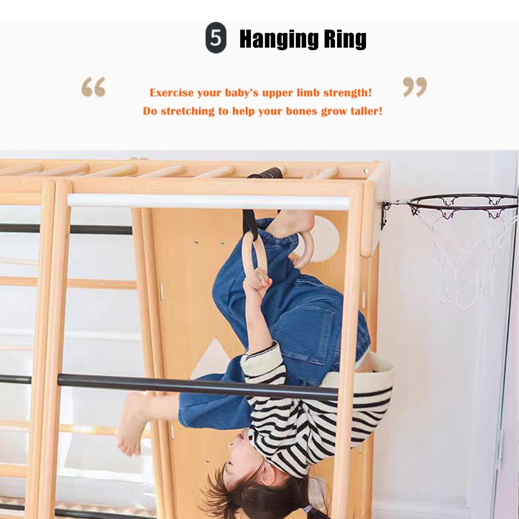 COOLBABY SSZ-PPJ07 Beech Indoor Playground 7-in-1 Solid Wood Children's Climbing Frame With Swing/Slide/Rock Climbing/Net/Ladder/Monkey Bar/Basketball Frame - COOLBABY