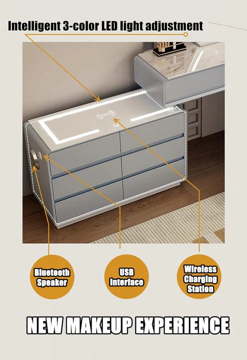 Smart Vanity Table with LED Mirror, Bluetooth Speaker, Wireless Charging - White, Solid Wood - COOLBABY