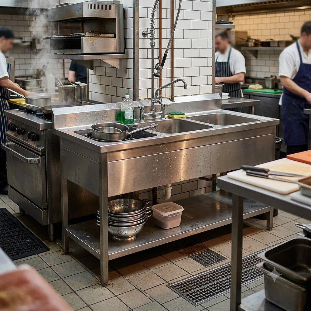 Commercial Three Bowl Stainless Steel Sink Unit | AISI 304 Triple Bowl Kitchen Sink with Undershelf | Made in UAE