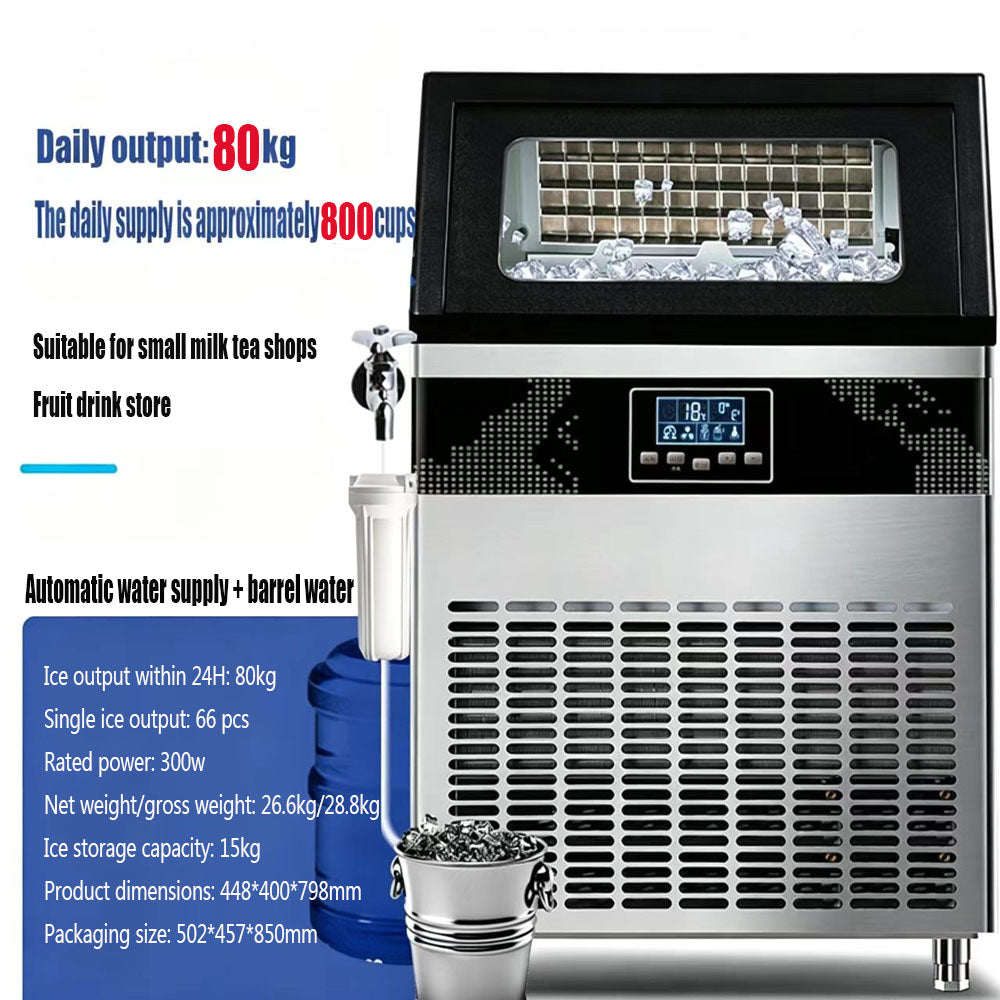 Commercial Ice Maker Machine, 80kg Daily Output, Stainless Steel, LCD Display, Automatic Water Supply, 300W, 15kg Ice Storage Capacity