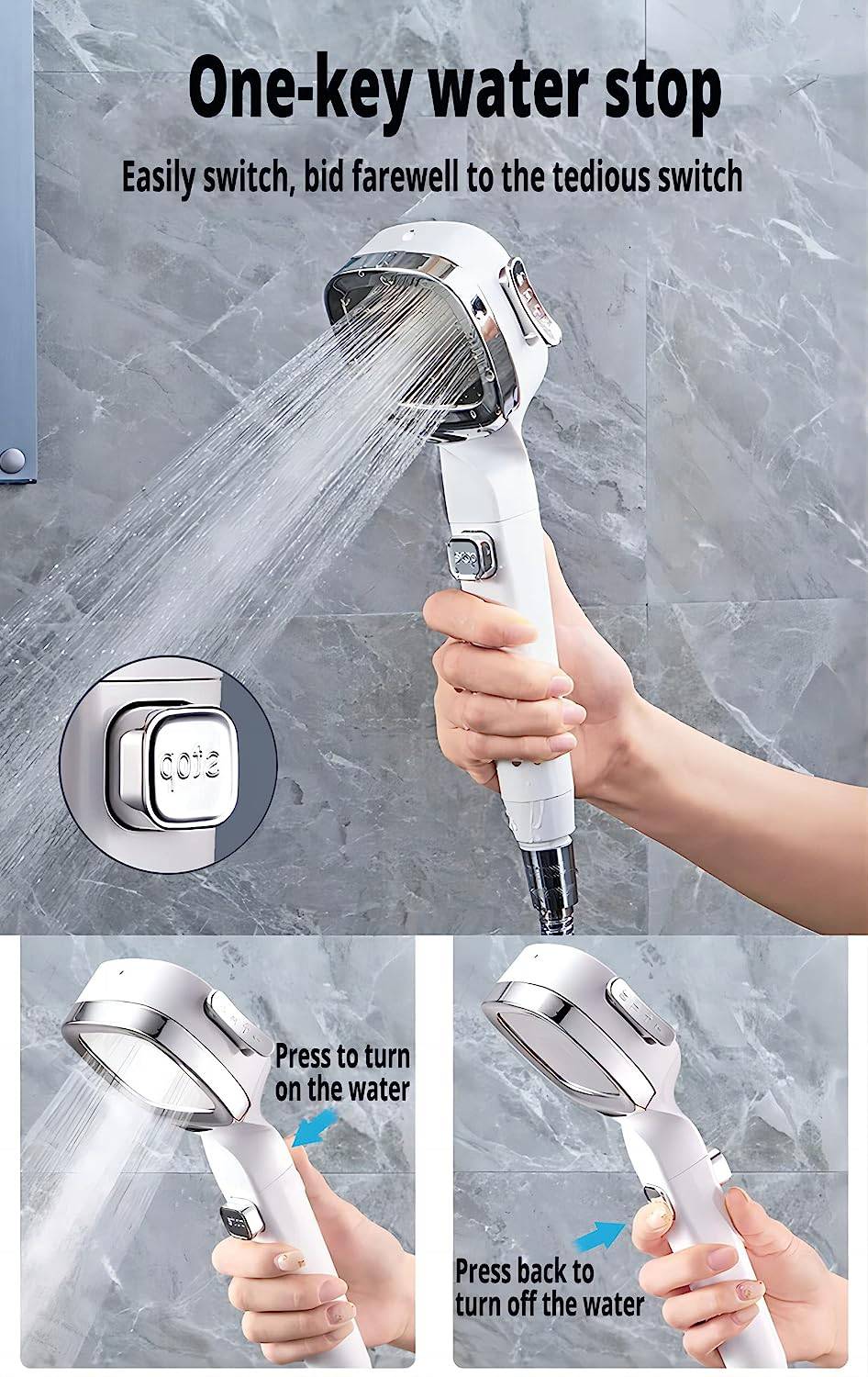 COOLBABY WSTT703 4 Modes High Pressure Shower Head With Switch On Off Button Sprayer Water Saving Adjustable Shower Nozzle Filter For Bathroom - COOL BABY