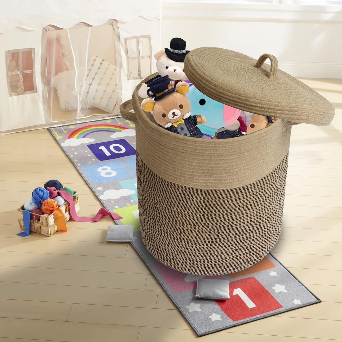 Extra-Large 60L Storage Basket with Lid – 16" W x 18" H Woven Laundry Hamper with Handles | Jute Rope & Black Wicker Basket for Blankets, Pillows, Toys & Home Organization | Perfect for Living Rooms, Bedrooms & Baby Nurseries