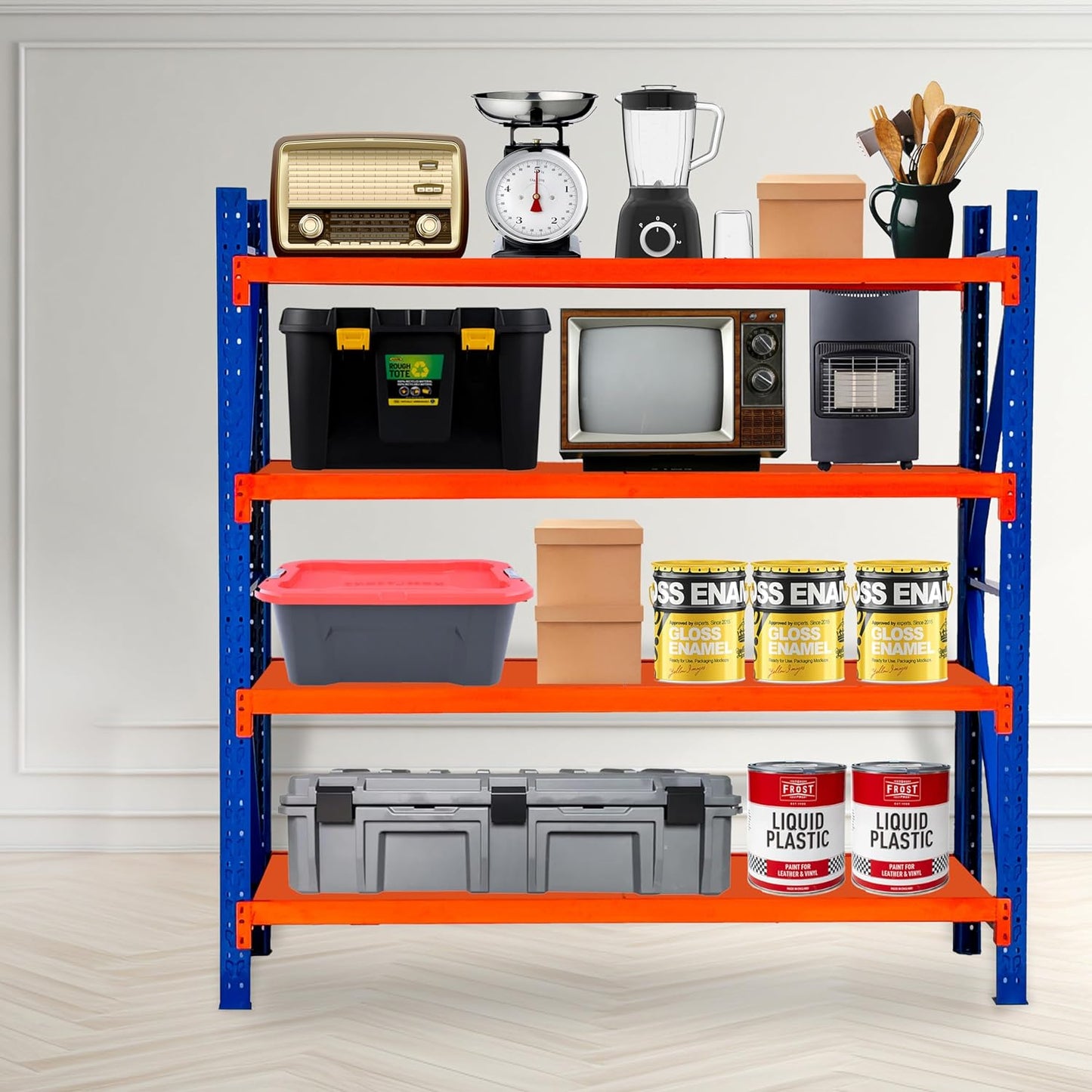 4-Tier Storage Shelf, Heavy Duty Shelf Storage, Warehouse & Garage Shelving Unit, Shelfs Storage With 200KG/Shelf Rack Weight Capacity, Storage Shelves Size 200 x 60 x 200CM (Blue & Orange) - COOLBABY