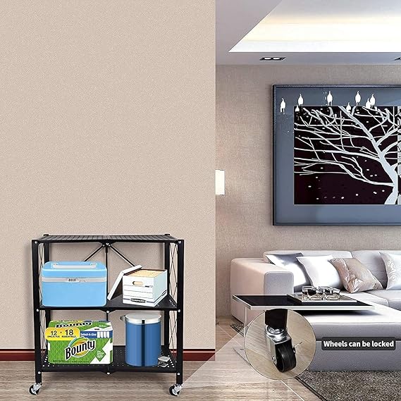 Foldable Storage Shelves with Wheels, Black Metal Wire Rack, Easy Moving Shelf, Storage Organizer for Kitchen, Bathroom, Garage, Outdoor (3 Tier) - COOLBABY