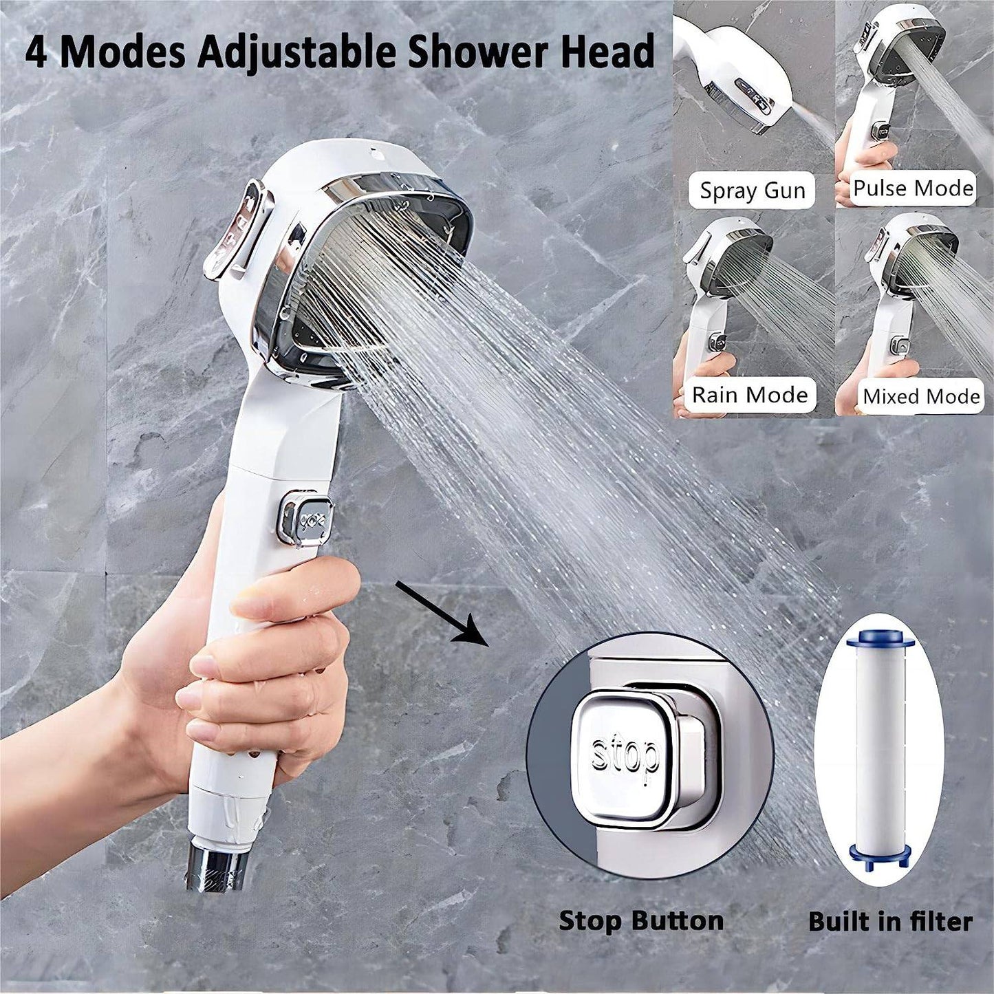 COOLBABY WSTT703 4 Modes High Pressure Shower Head With Switch On Off Button Sprayer Water Saving Adjustable Shower Nozzle Filter For Bathroom - COOL BABY