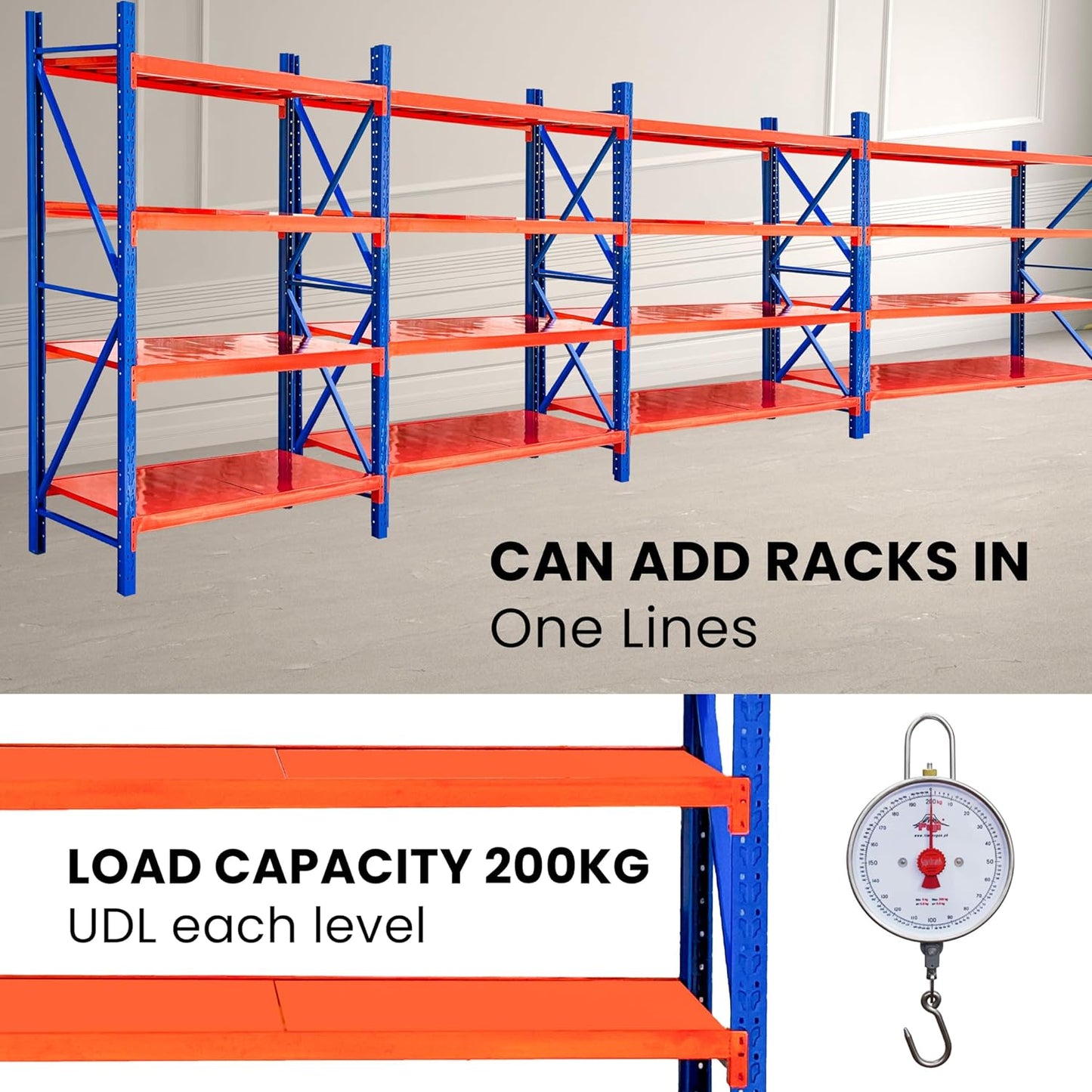 4-Tier Storage Shelf, Heavy Duty Shelf Storage, Warehouse & Garage Shelving Unit, Shelfs Storage With 200KG/Shelf Rack Weight Capacity, Storage Shelves Size 200 x 60 x 200CM (Blue & Orange) - COOLBABY