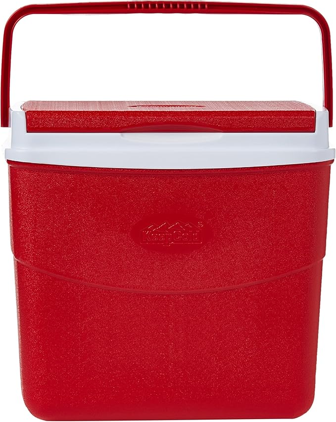 20L Plastic Picnic Cooler Icebox Lunchbox Red & White – Portable Insulated Cooler with 5-Day Ice Retention