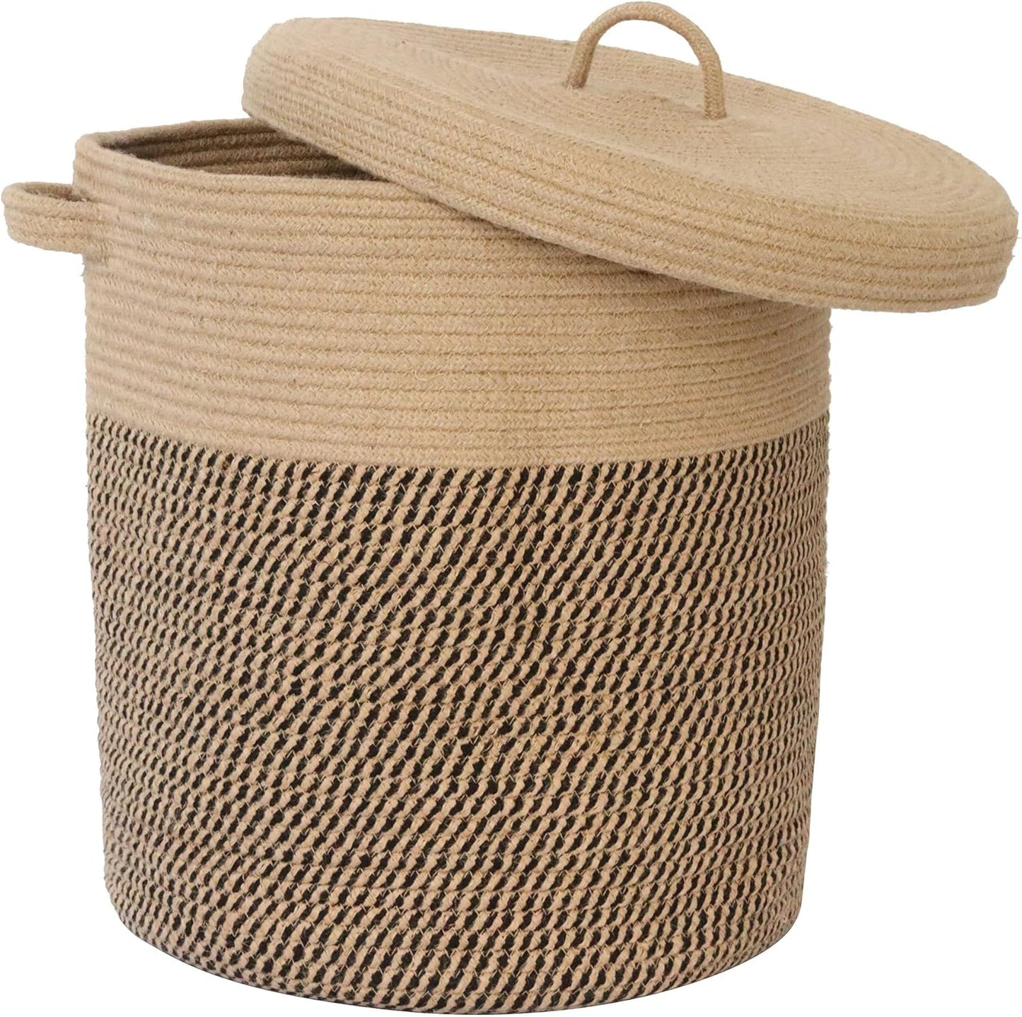 Extra-Large 60L Storage Basket with Lid – 16" W x 18" H Woven Laundry Hamper with Handles | Jute Rope & Black Wicker Basket for Blankets, Pillows, Toys & Home Organization | Perfect for Living Rooms, Bedrooms & Baby Nurseries