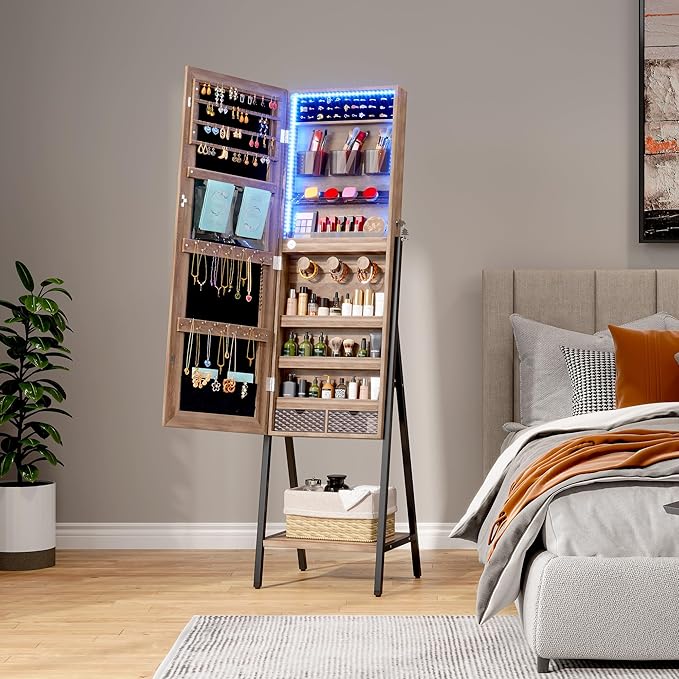 3 LEDs Free standing Jewelry Cabinet with Full- Length Mirror, Lockable Jewelry Armoire Organizer - COOLBABY