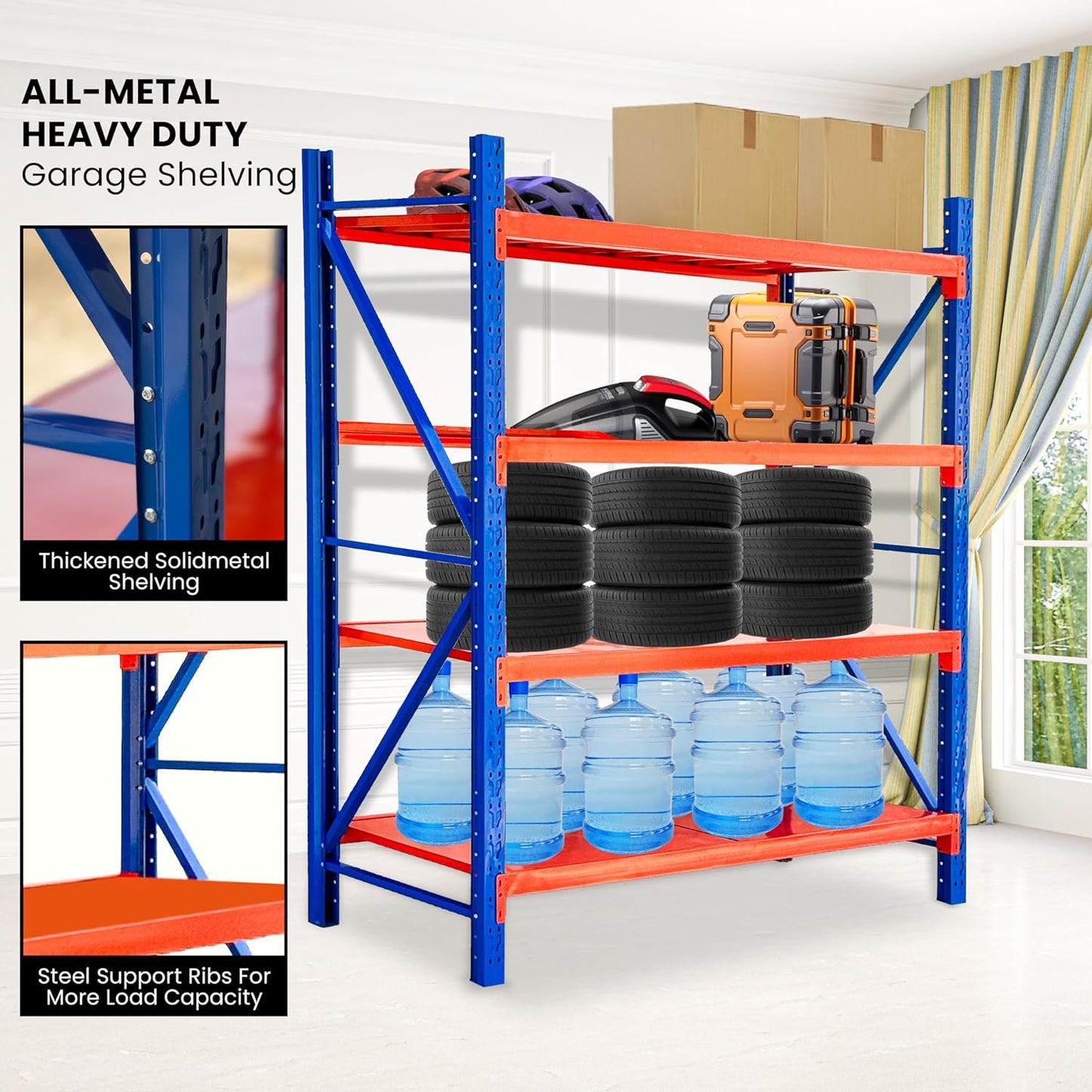 4-Tier Storage Shelf, Heavy Duty Shelf Storage, Warehouse & Garage Shelving Unit, Shelfs Storage With 200KG/Shelf Rack Weight Capacity, Storage Shelves Size 200 x 60 x 200CM (Blue & Orange) - COOLBABY
