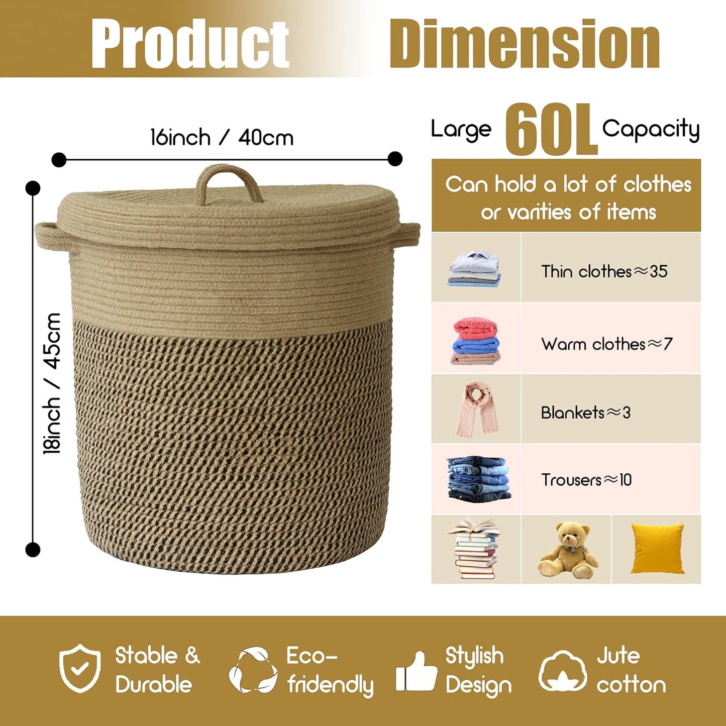 Extra-Large 60L Storage Basket with Lid – 16" W x 18" H Woven Laundry Hamper with Handles | Jute Rope & Black Wicker Basket for Blankets, Pillows, Toys & Home Organization | Perfect for Living Rooms, Bedrooms & Baby Nurseries