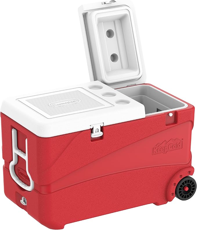 102L Plastic Cooler Icebox Deluxe with Wheels Red – Heavy Duty Insulated Cooler with 6-Day Ice Retention
