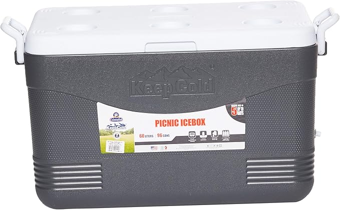 60L Plastic Picnic Cooler Icebox Cool Grey – Insulated Cooler Box with 6-Day Ice Retention & Leakproof Drain Tap