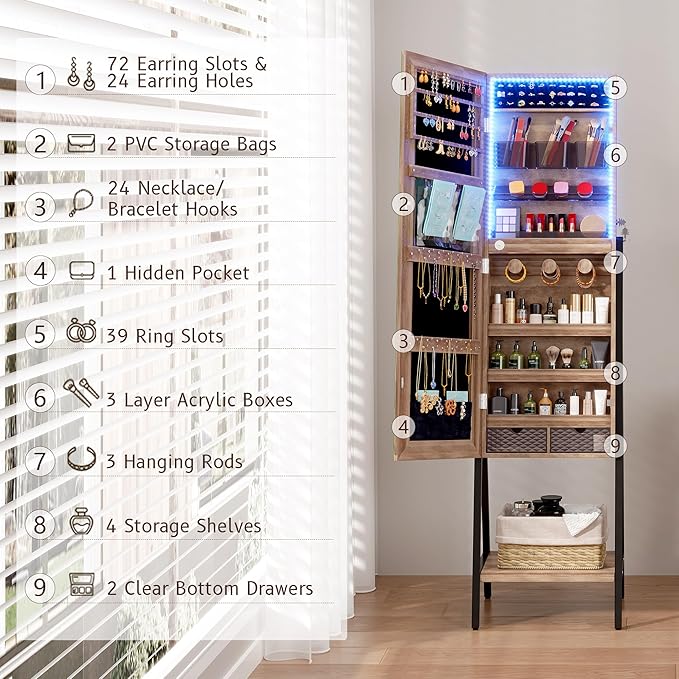 3 LEDs Free standing Jewelry Cabinet with Full- Length Mirror, Lockable Jewelry Armoire Organizer - COOLBABY