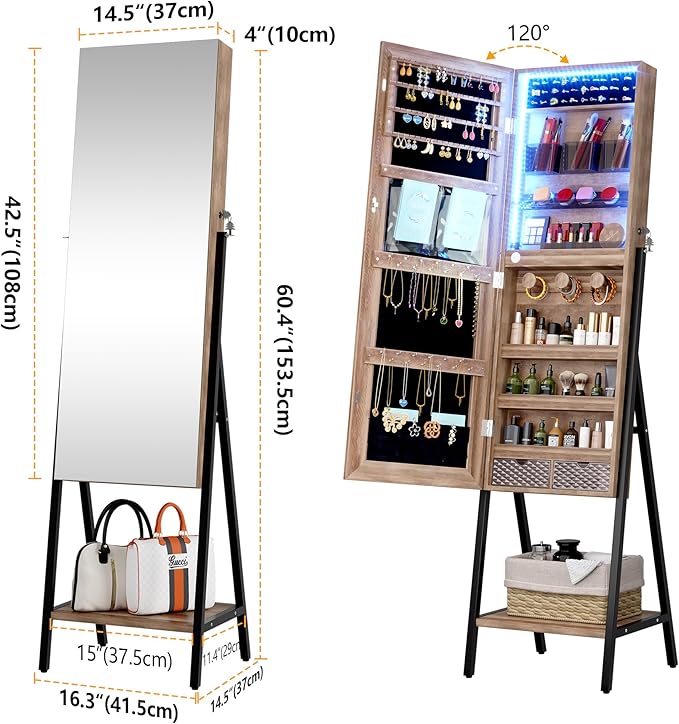 3 LEDs Free standing Jewelry Cabinet with Full- Length Mirror, Lockable Jewelry Armoire Organizer - COOLBABY