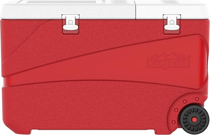 102L Plastic Cooler Icebox Deluxe with Wheels Red – Heavy Duty Insulated Cooler with 6-Day Ice Retention