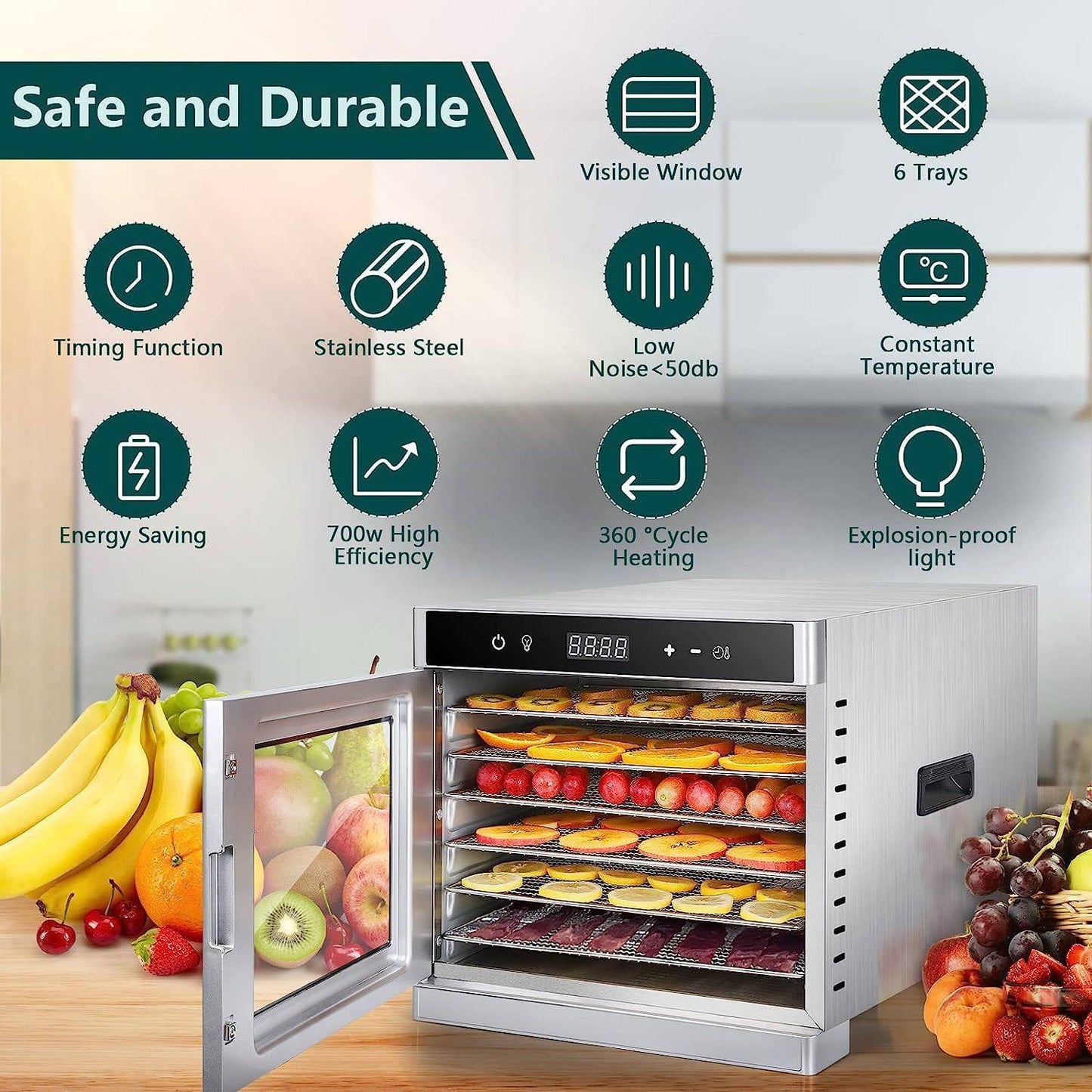 COOLBABY YLY069 Food Dehydrator 6 Trays for Food Jerky, Fruit, Meat, Dog Treats, Herbs, Durable Food-grade Stainless Steel Dehydrator Machine, 220V/700W, Safety Over Heat Protection, 67 Free Recipes - COOL BABY