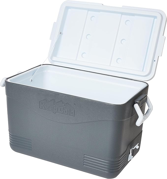 46L Plastic Picnic Cooler Icebox Cool Grey – Portable Insulated Cooler with 3-Day Ice Retention