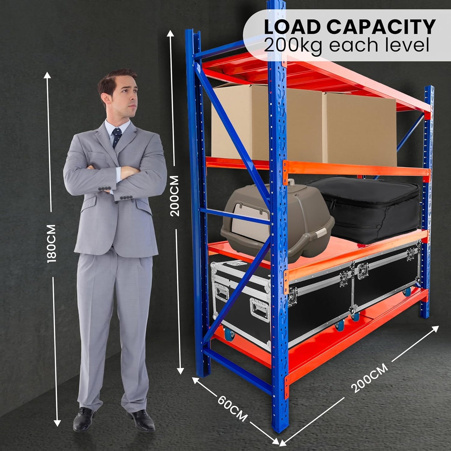 4-Tier Storage Shelf, Heavy Duty Shelf Storage, Warehouse & Garage Shelving Unit, Shelfs Storage With 200KG/Shelf Rack Weight Capacity, Storage Shelves Size 200 x 60 x 200CM (Blue & Orange) - COOLBABY