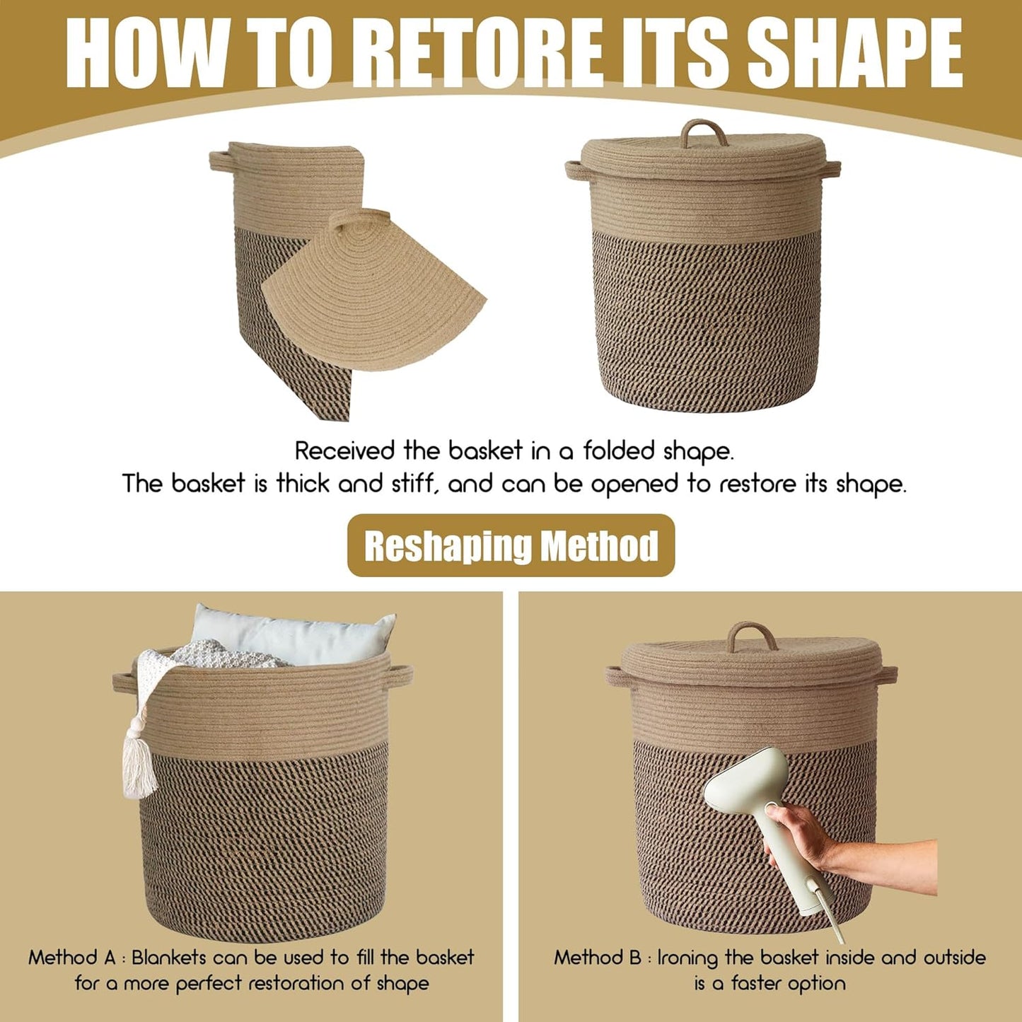 Extra-Large 60L Storage Basket with Lid – 16" W x 18" H Woven Laundry Hamper with Handles | Jute Rope & Black Wicker Basket for Blankets, Pillows, Toys & Home Organization | Perfect for Living Rooms, Bedrooms & Baby Nurseries