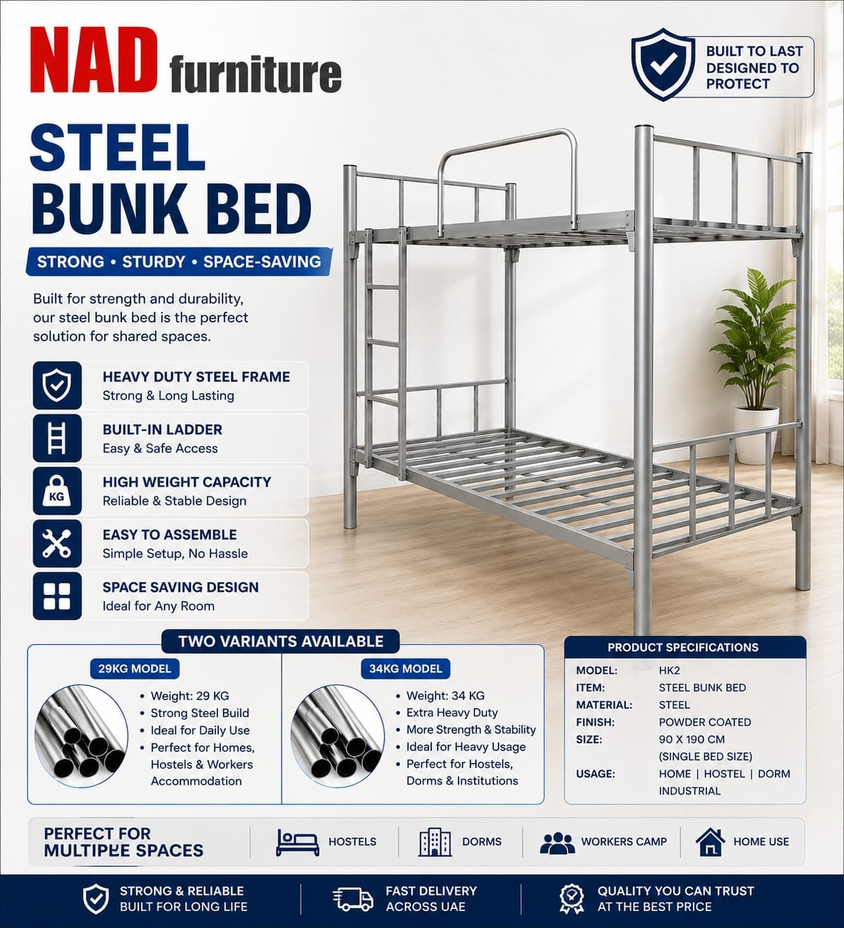 Al Mubarak Heavy Steel Dual Bunk Bed with Ladder, GD-1, Silver
