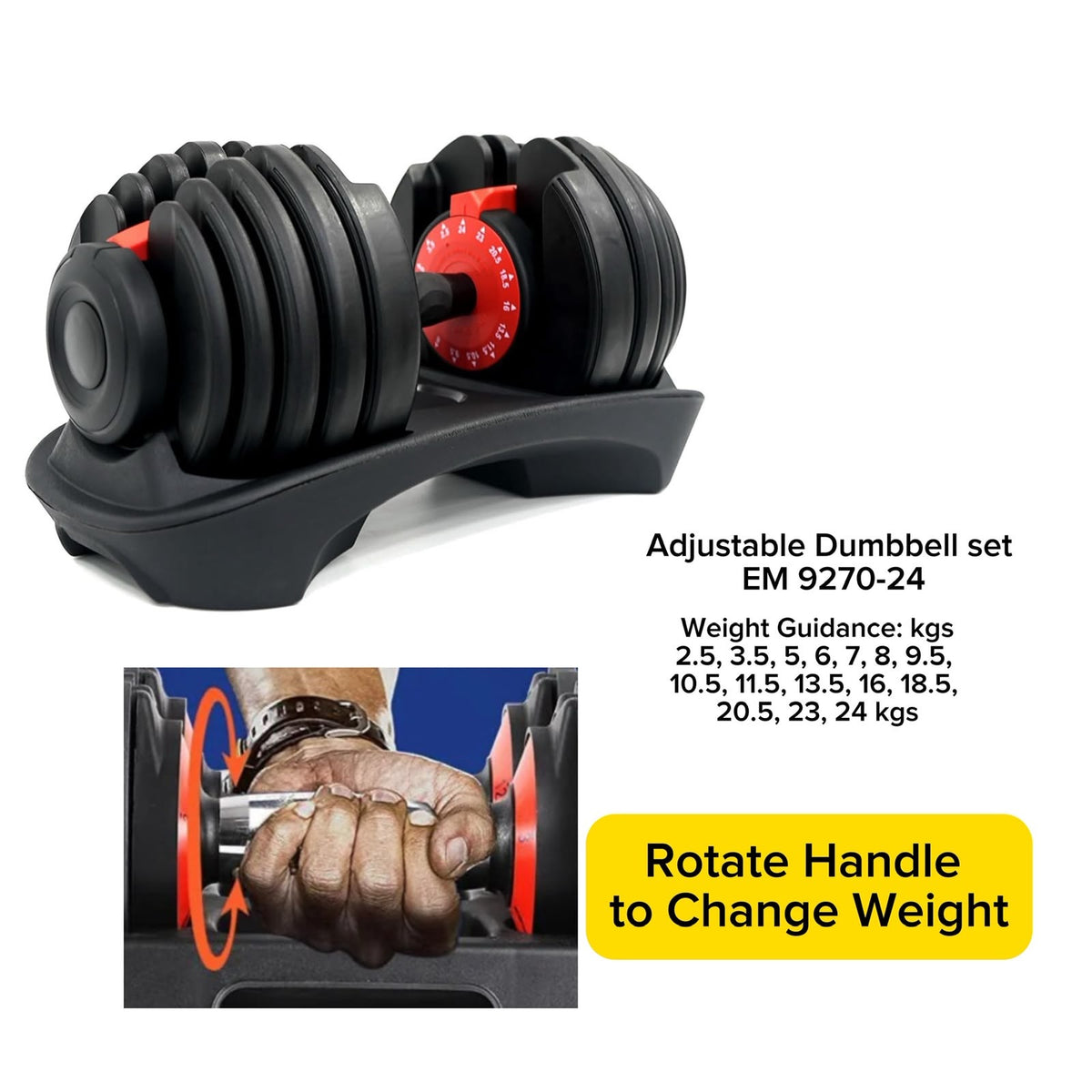 Adjustable 24KG Dumbbell(2.5KG to 24KG),15-in-One Weights Training,Non-Slip Handle Grip,Security Locking,Dumbbell for Home GYM