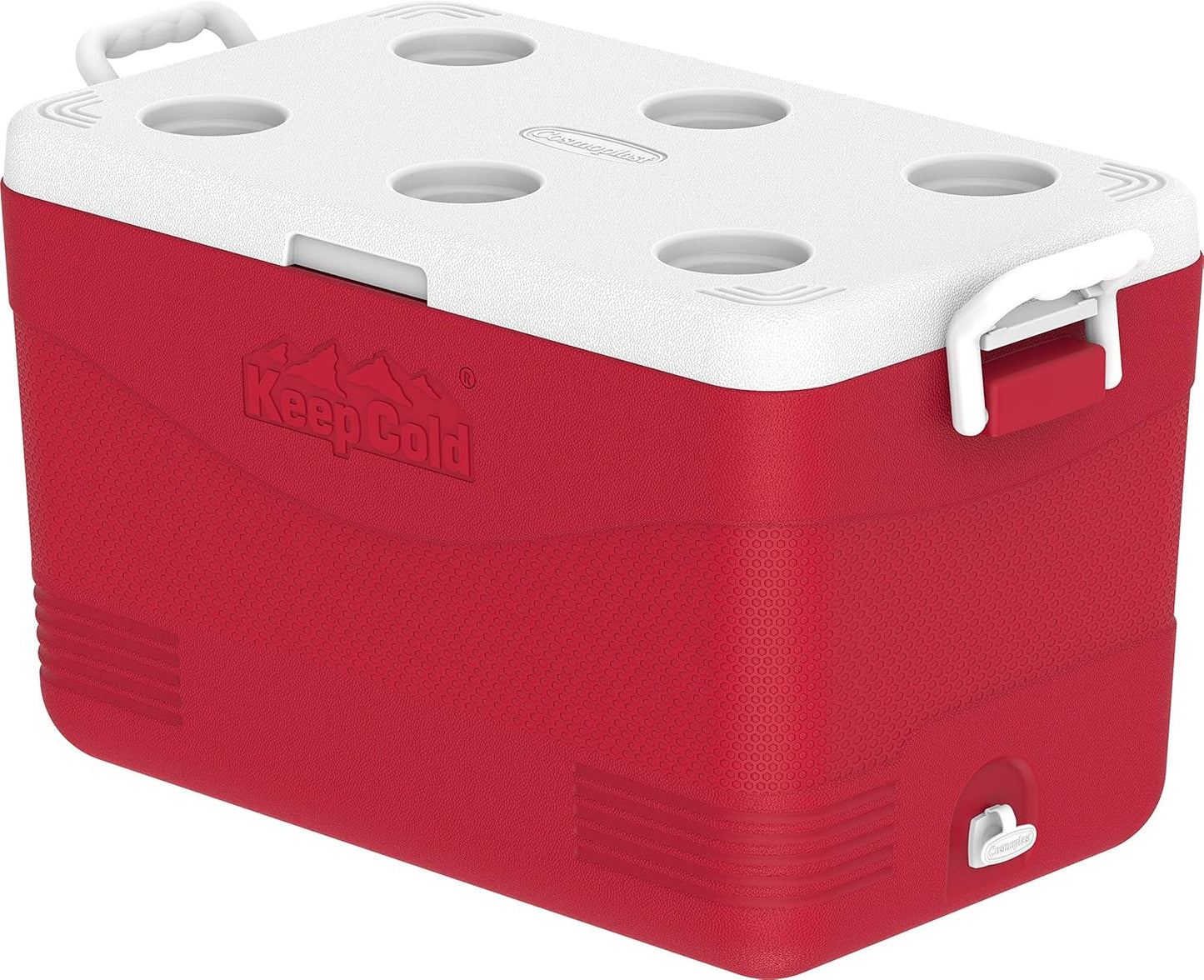 60L Plastic Picnic Cooler Icebox Red – Heavy Duty Insulated Cooler with 6-Day Ice Retention & Drain Tap